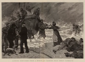 Overlevenden van een wrak aan land brengen bij Caister, nabij Great Yarmouth